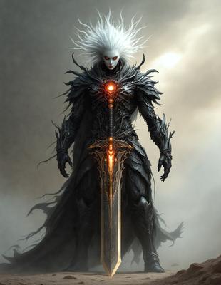 The primary subject of the image is a character dressed in a black and gold costume, holding a sword. The setting is a dark and moody environment, with the character standing in front of a cloudy sky. The visual style is digital art, with the character appearing as a detailed illustration. The colors and mood of the image are dark and dramatic, creating a sense of intensity and danger.